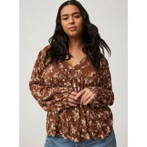 Torrid Brown Floral Metallic Gold V-Neck Boho Peasant Tunic Blouse Top Size 2X